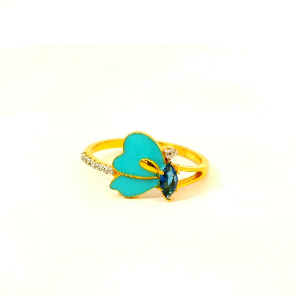 "Azure Bloom: Enamel Flower Ring with Blue Marquise Stone"